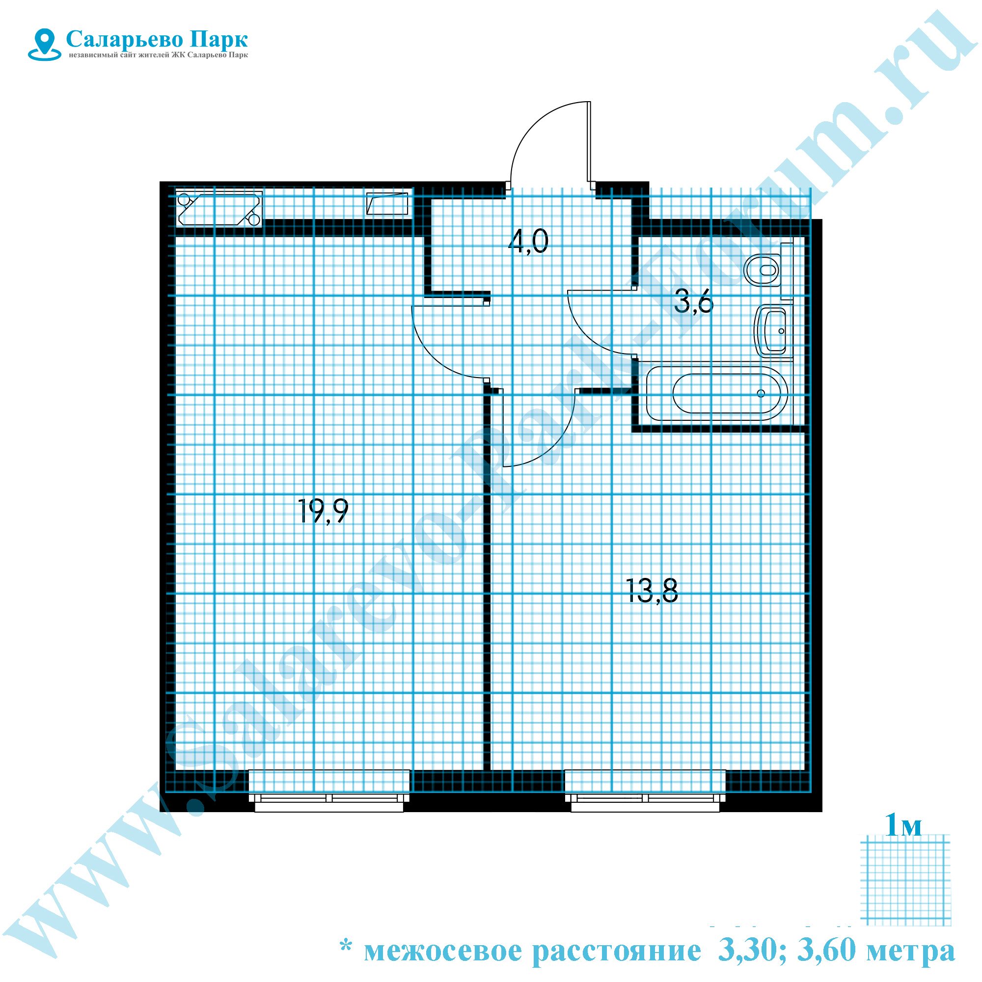 ЖК Саларьево Парк: планировка однокомнатной квартиры с размерами