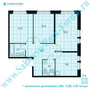 ЖК Саларьево Парк: планировка трехкомнатной квартиры с размерами