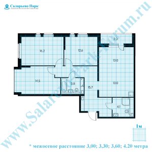 ЖК Саларьево Парк: планировка четырехкомнатной квартиры с размерами
